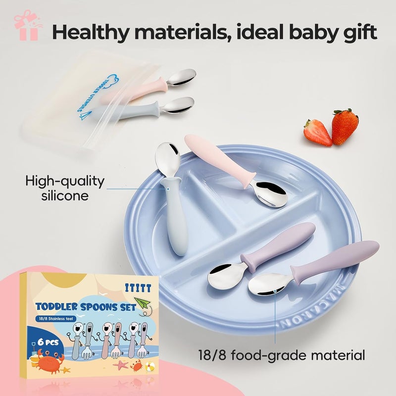 ITITT 6 PCS Toddler Spoons Set - Baby Spoons with Silicone Handle Children Food Grade 18/8 Stainless Steel Toddler Utensils Set for Self Feeding Kids Silverware Set Safe Anti-Choke Design Dishwasher Safe - Image 5